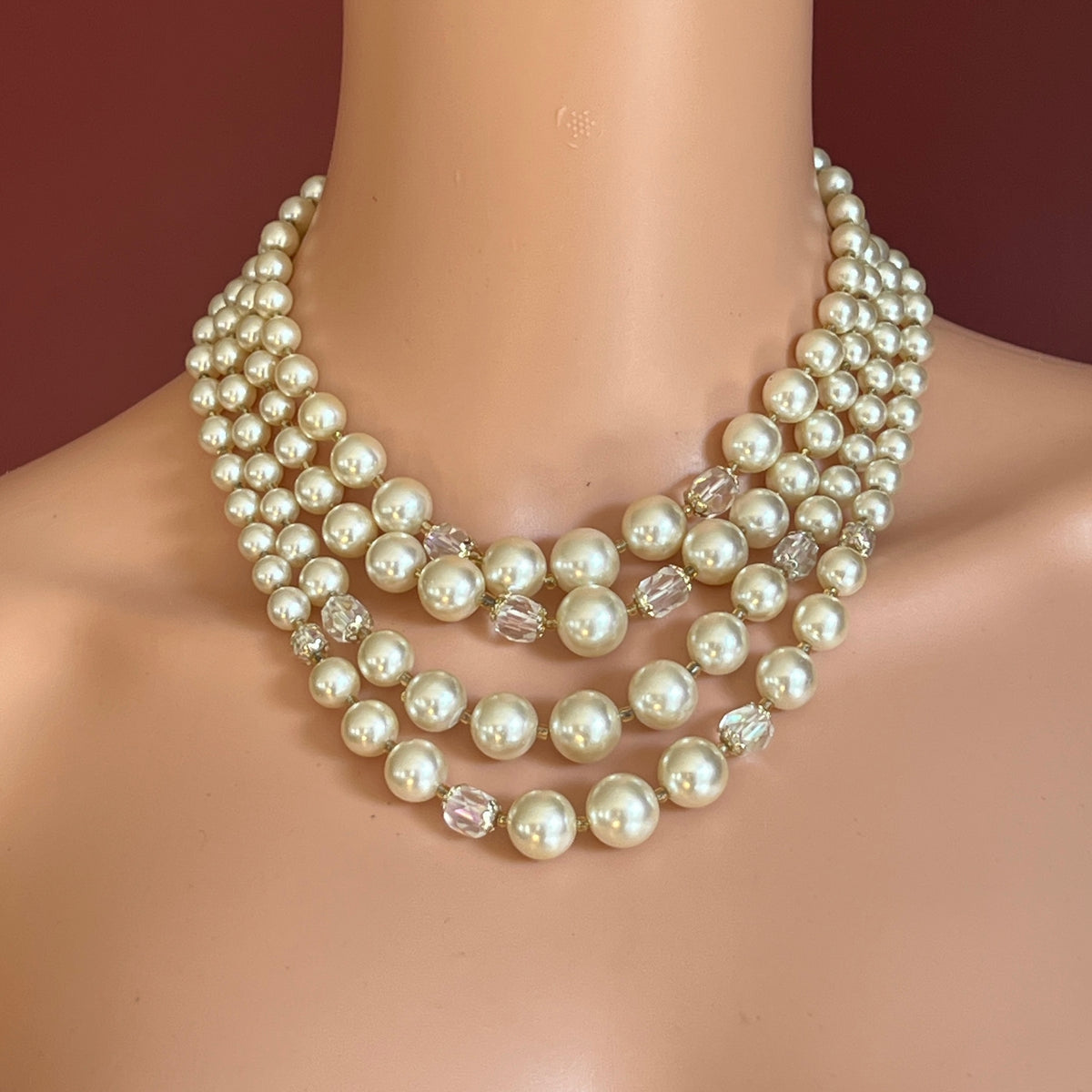 Multi-strand faux pearl choker with aurora borealis crystal beads, 1950s vintage style