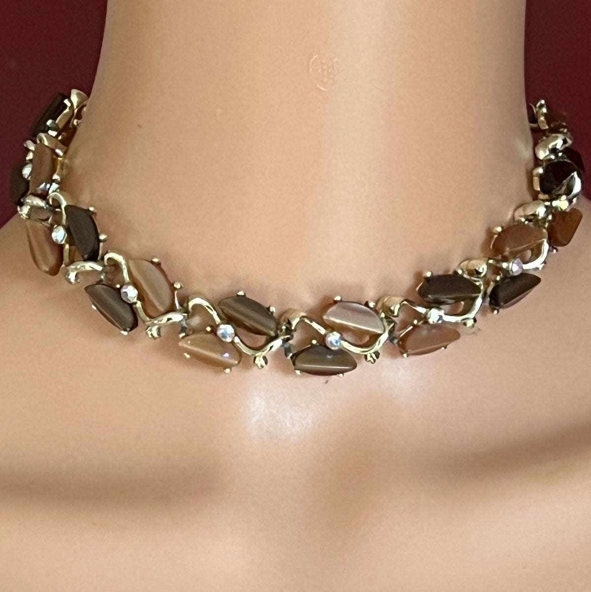 Brown and tan thermoset choker with aurora borealis rhinestones