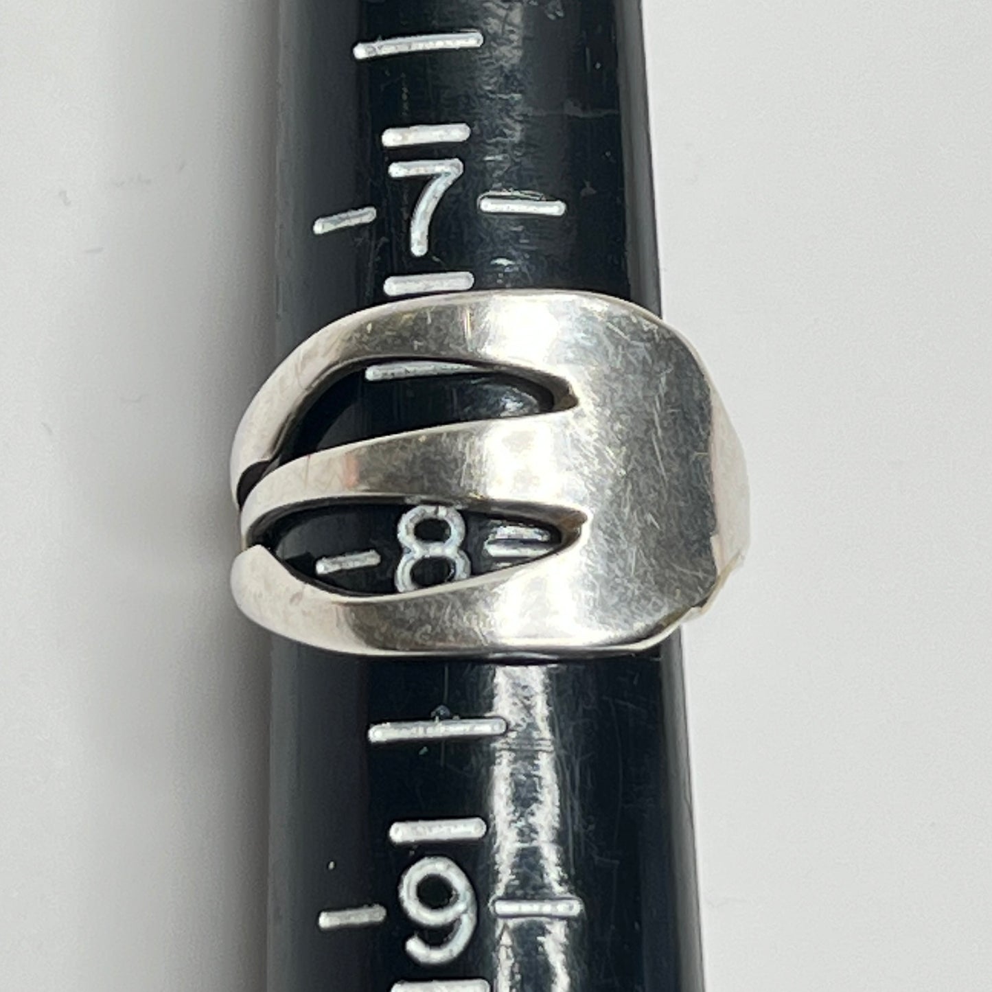Upcycled silver fork ring on hand, size 8 with open tines