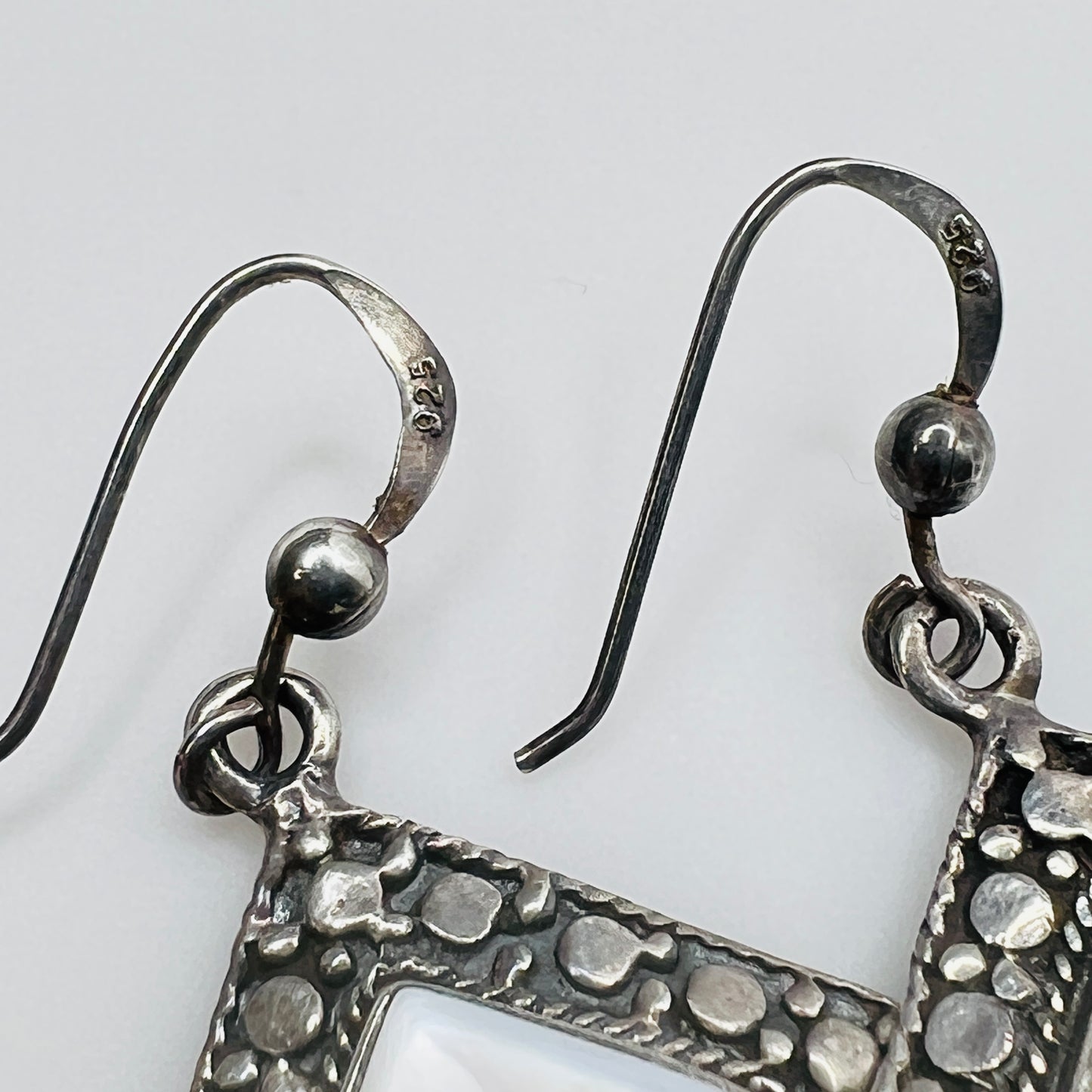 Square mother of pearl drop earrings in oxidized silver