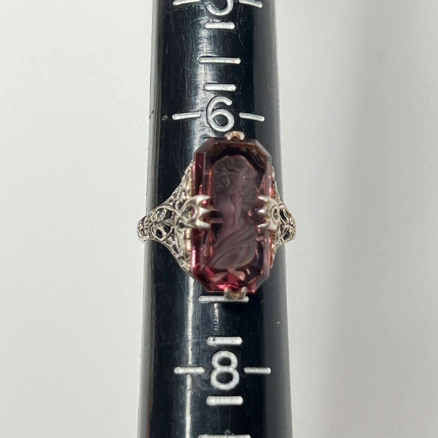 Vintage sterling silver ring with purple intaglio cameo, Art Deco filigree
