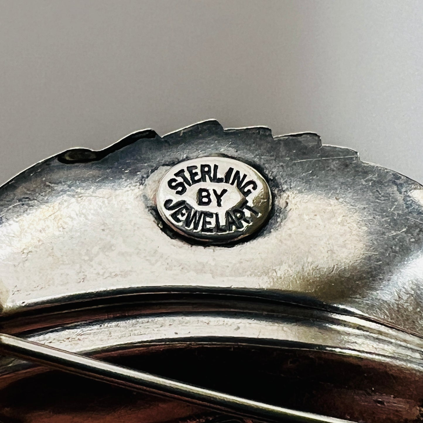 Sterling silver leaf brooch with etched veining, signed Jewelart