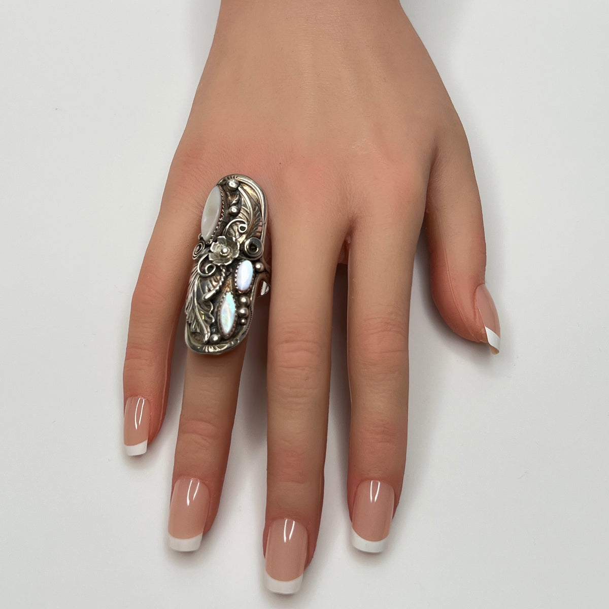 Vintage sterling silver ring with mother of pearl and Native American silverwork