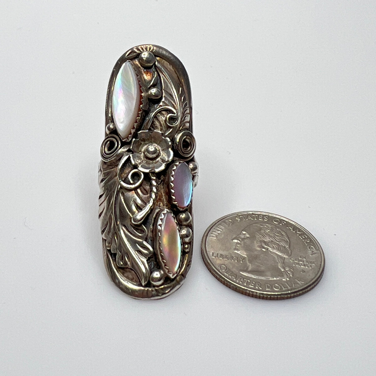 Long oval boho ring with bezel-set mother of pearl in sterling silver