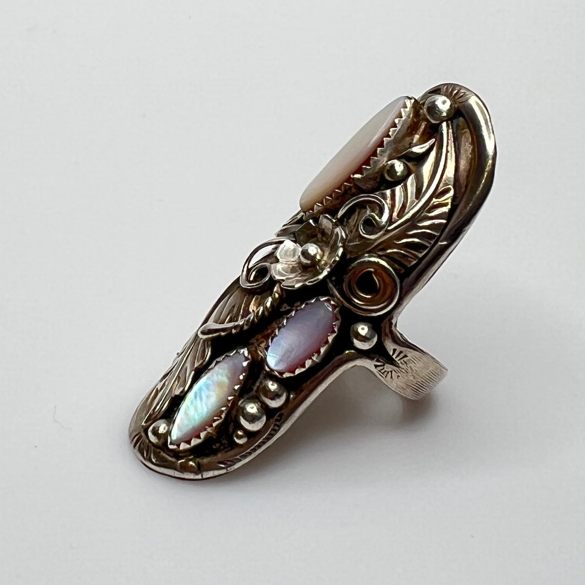 Long oval boho ring with bezel-set mother of pearl in sterling silver
