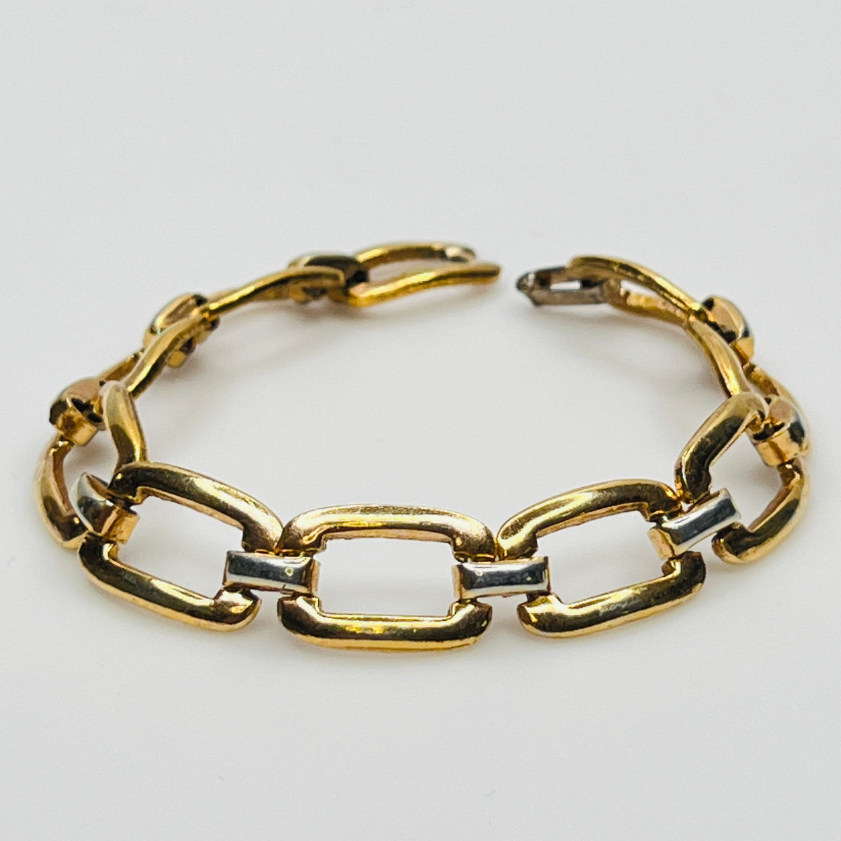 Full view of 1980s sterling vermeil bracelet with geometric links