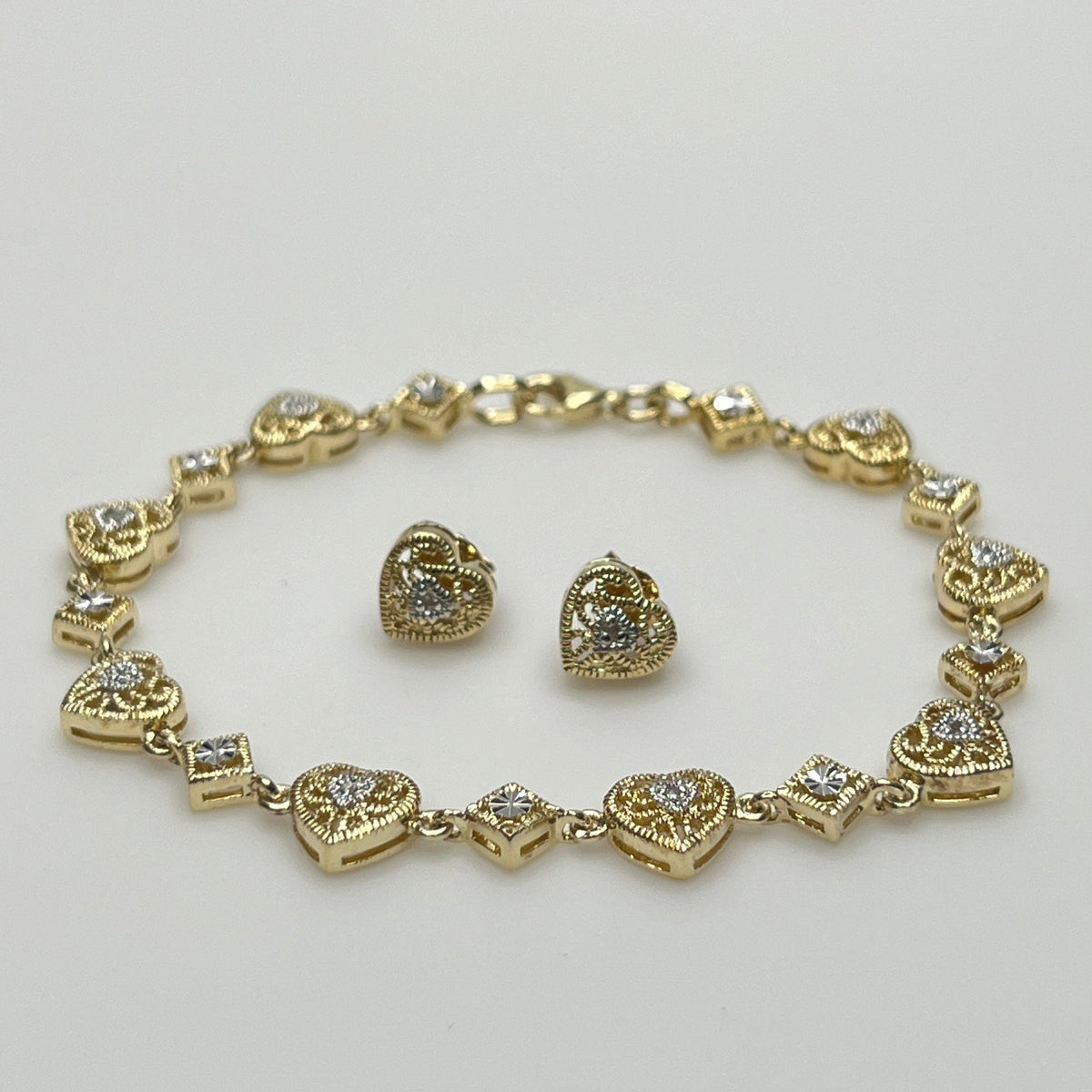 Vintage gold vermeil sterling silver bracelet and heart stud earrings with filigree detail