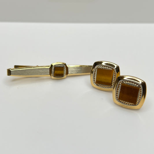 Swank tiger's eye cufflink and tie bar set