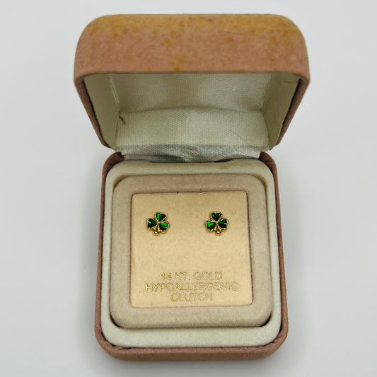 Vintage shamrock earrings in original cream velvet box marked 14KT gold