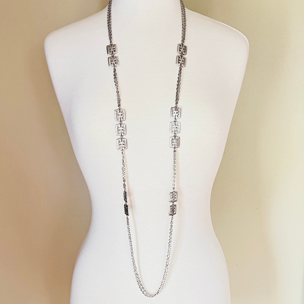 Vintage Trifari silver-tone station necklace with geometric square links