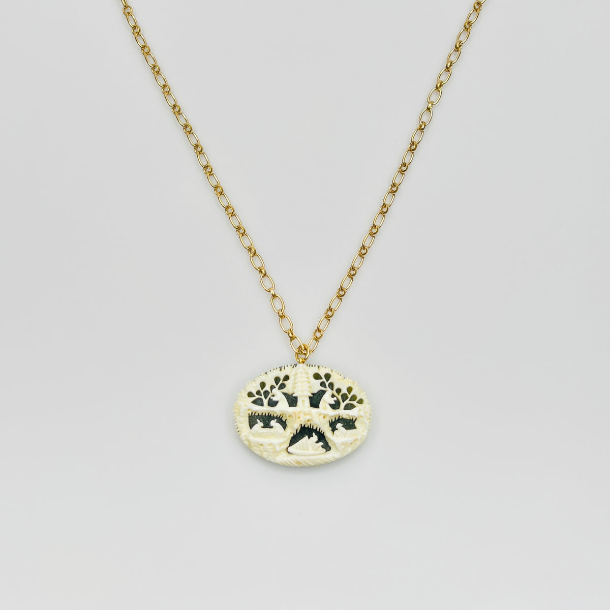 Vintage carved bone and jade pendant necklace on gold filled chain
