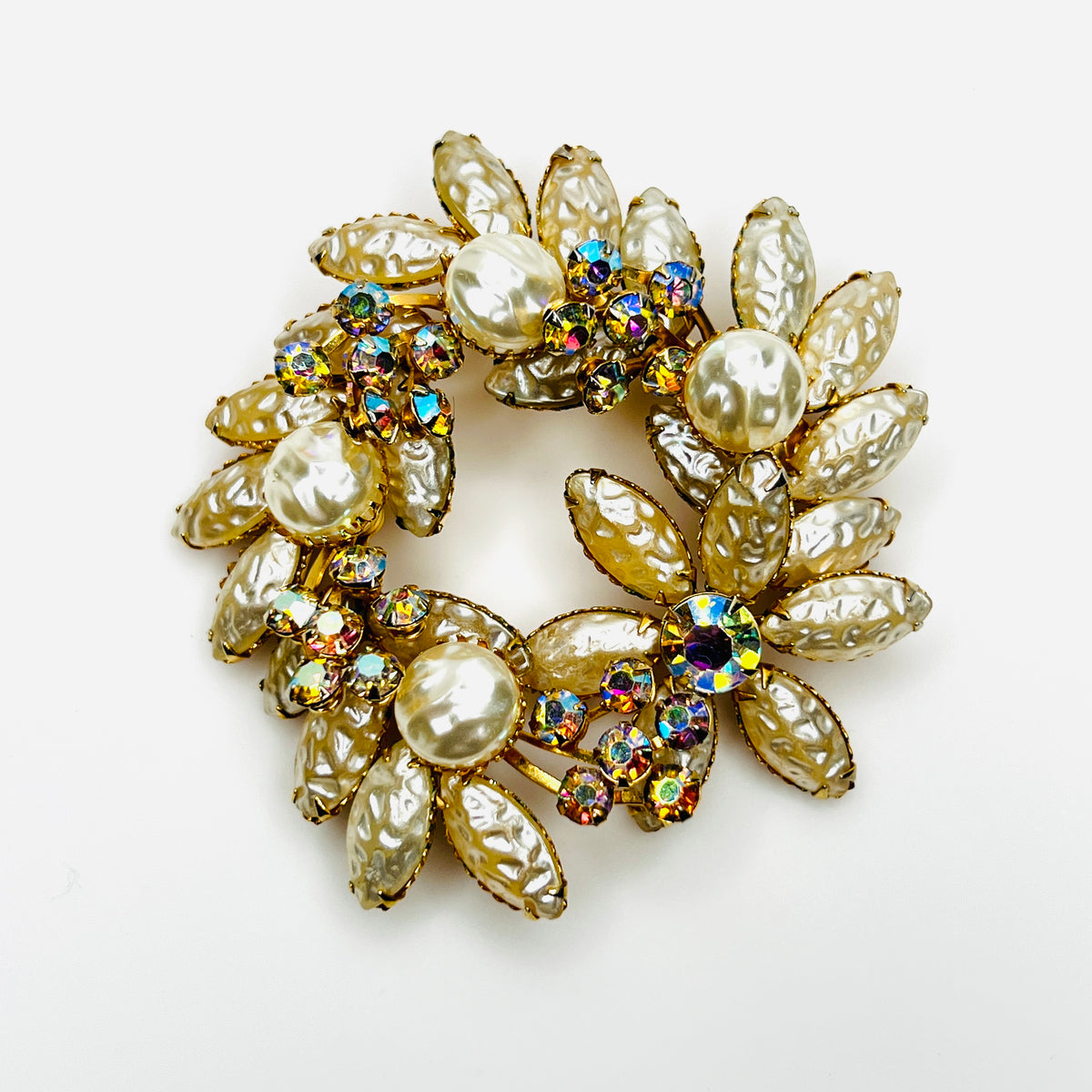 Vintage 1950s faux baroque pearl and Aurora Borealis crystal wreath brooch