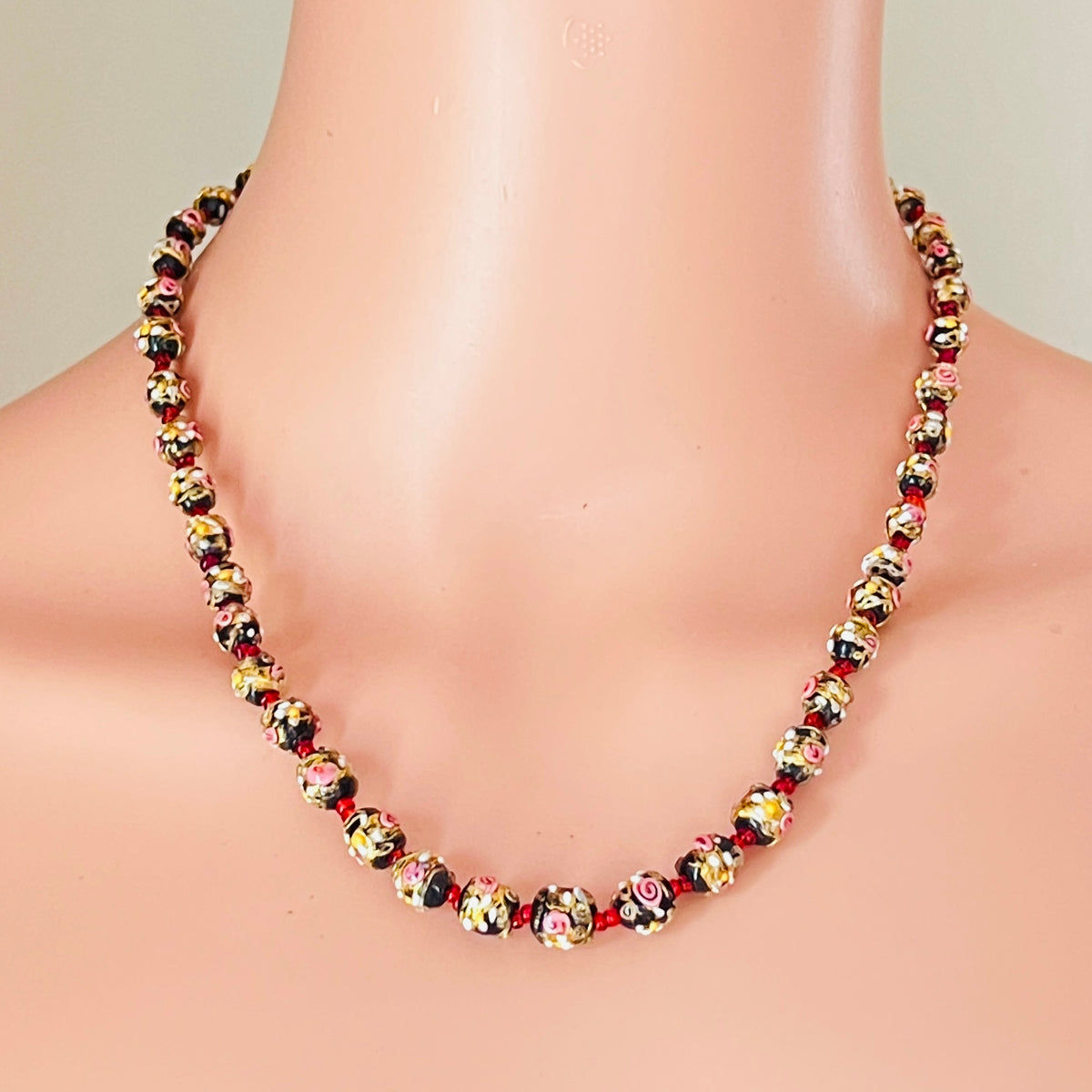 1950s Venetian glass wedding cake bead necklace on mannequin