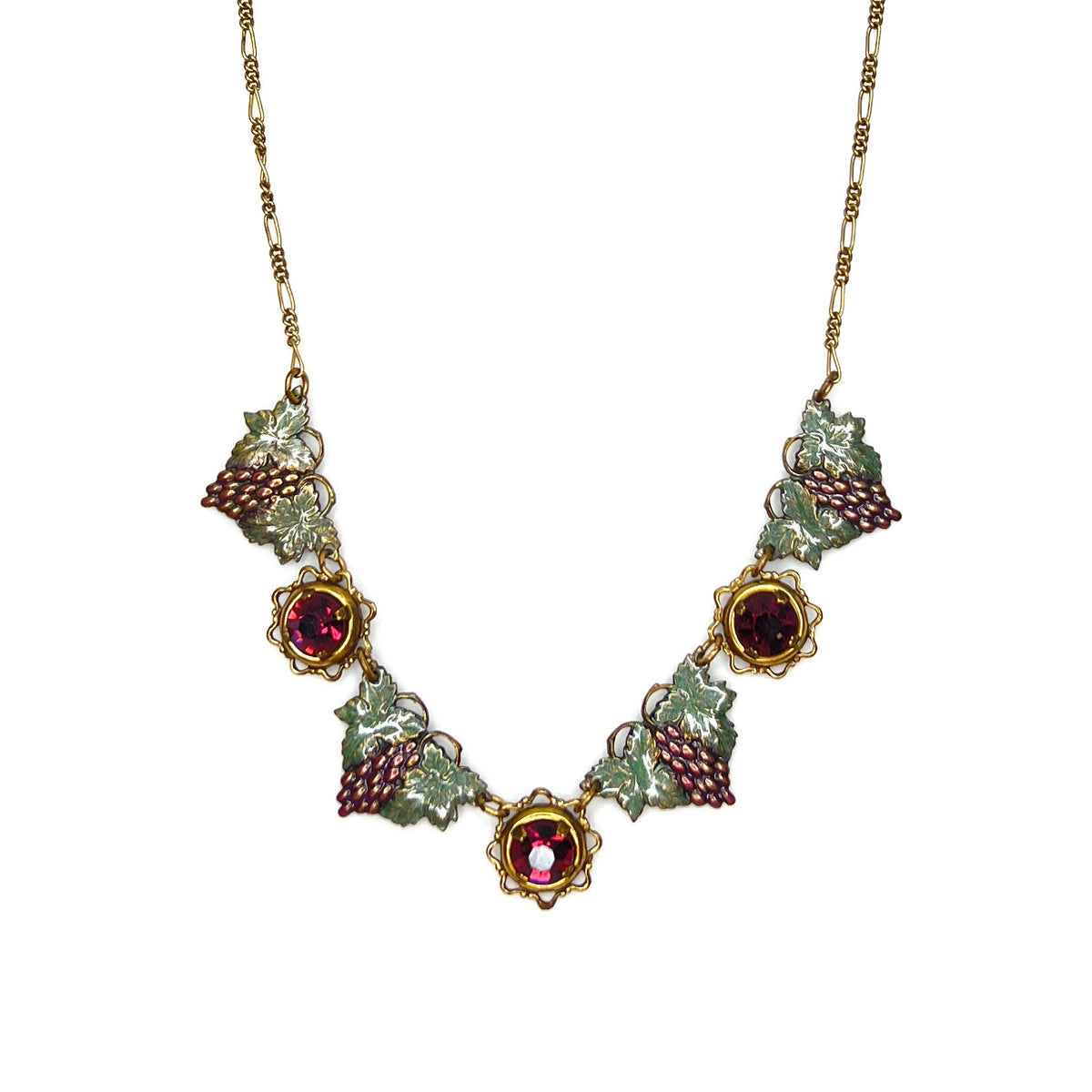 Vintage artisan enamel grape necklace with ruby red rhinestones and gold tone chain.