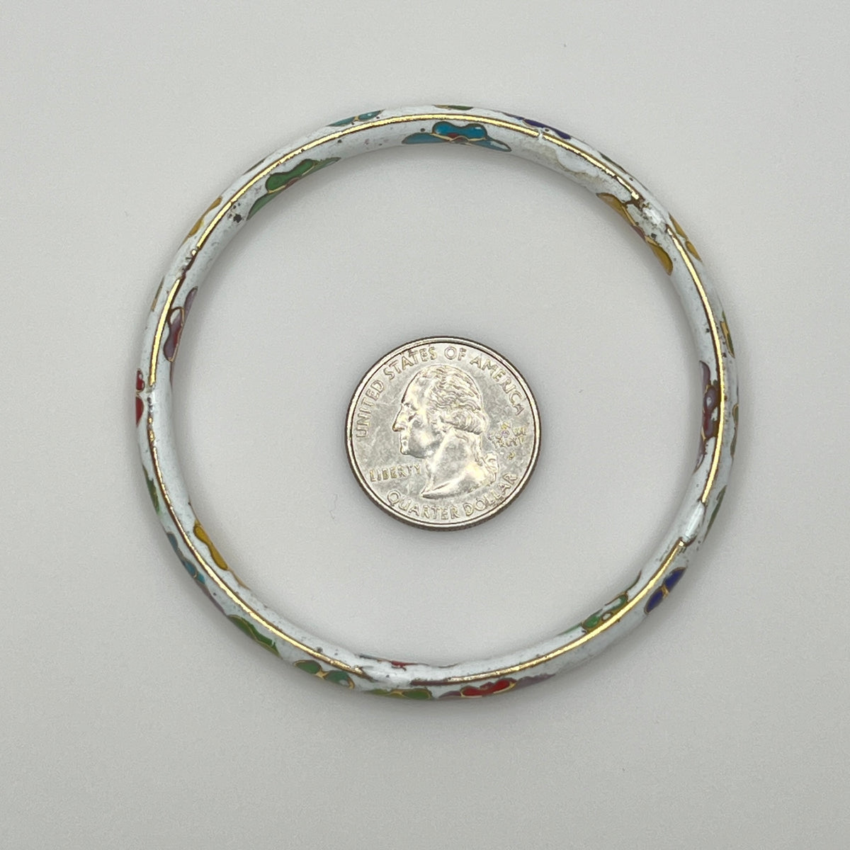 Vintage white cloisonné bangle bracelet with multicolor floral design