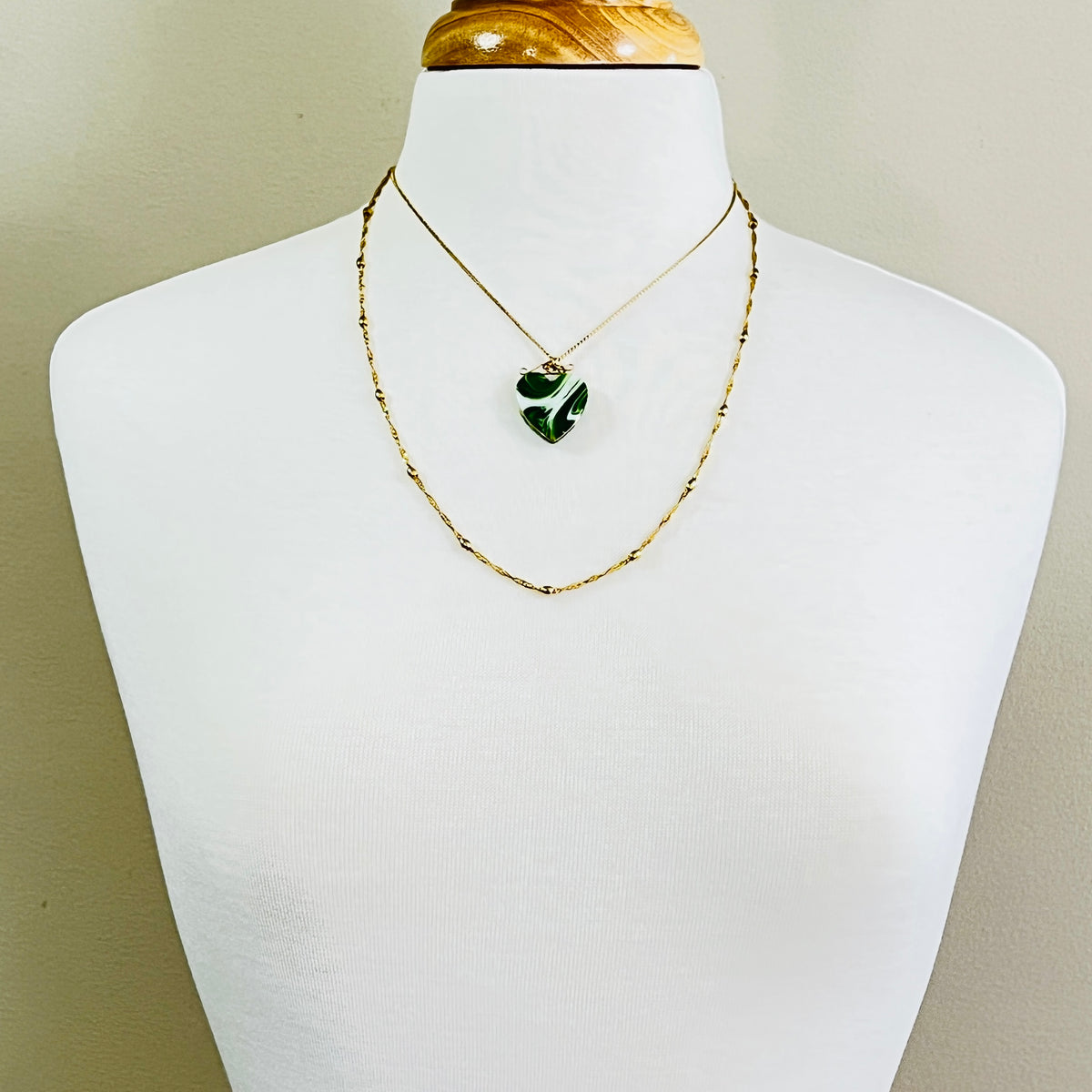 Vintage necklace set with marbled green glass heart pendant and signed Napier gold rope chain
