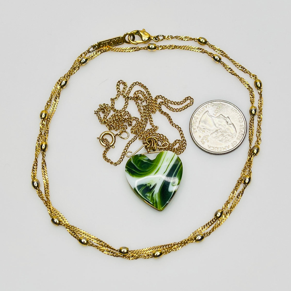 Vintage necklace set with marbled green glass heart pendant and signed Napier gold rope chain