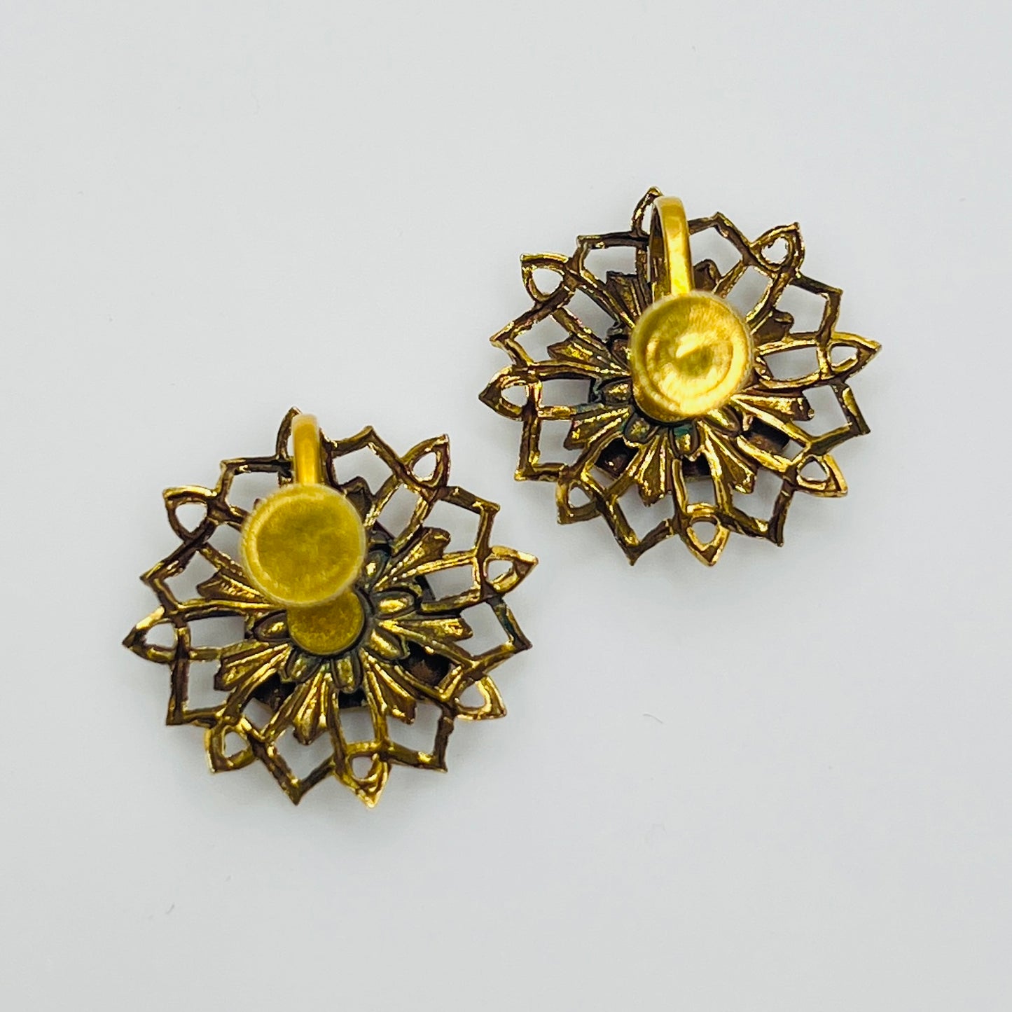 Back view of gold tone filigree screw back earrings