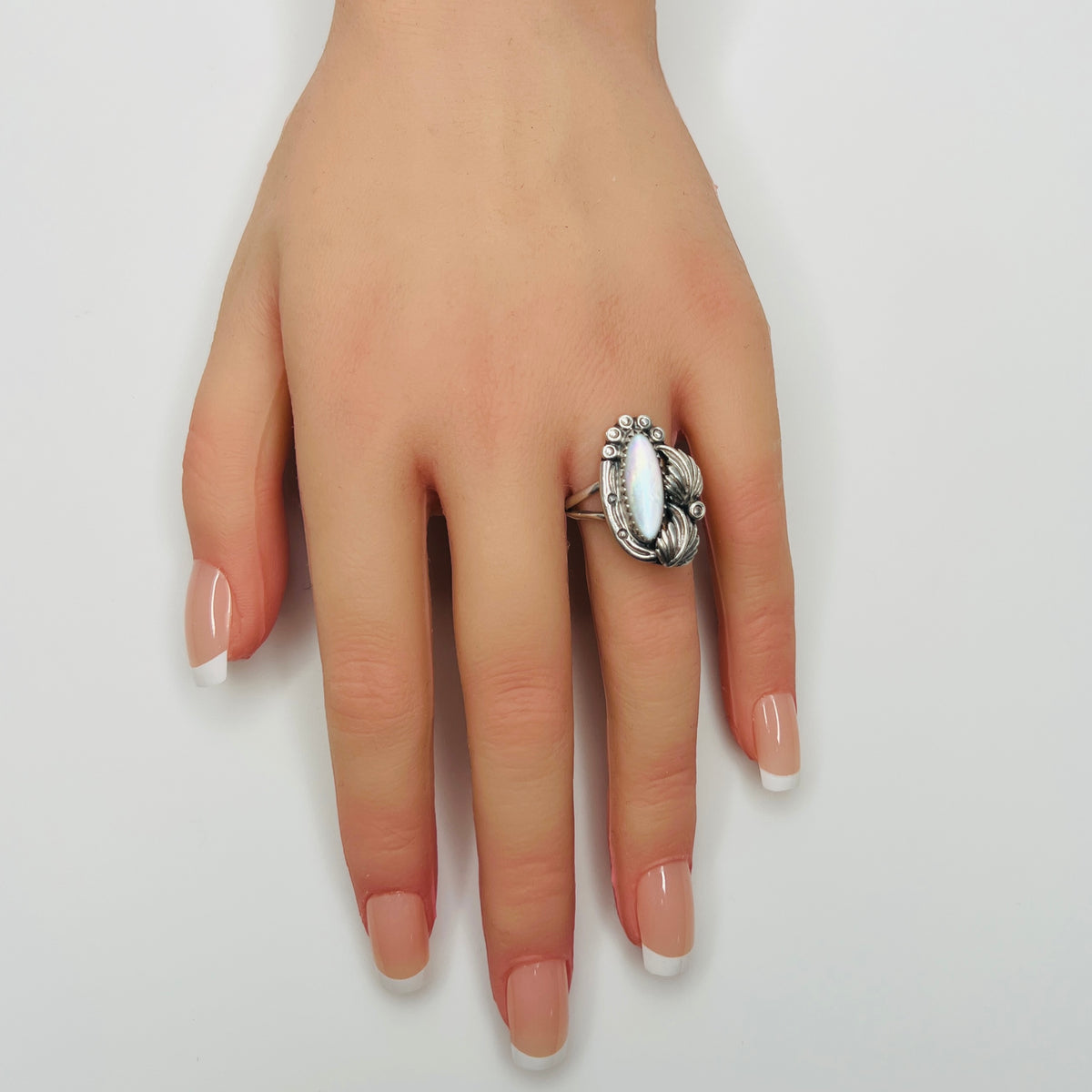 Maria Platero sterling silver pearl ring on hand