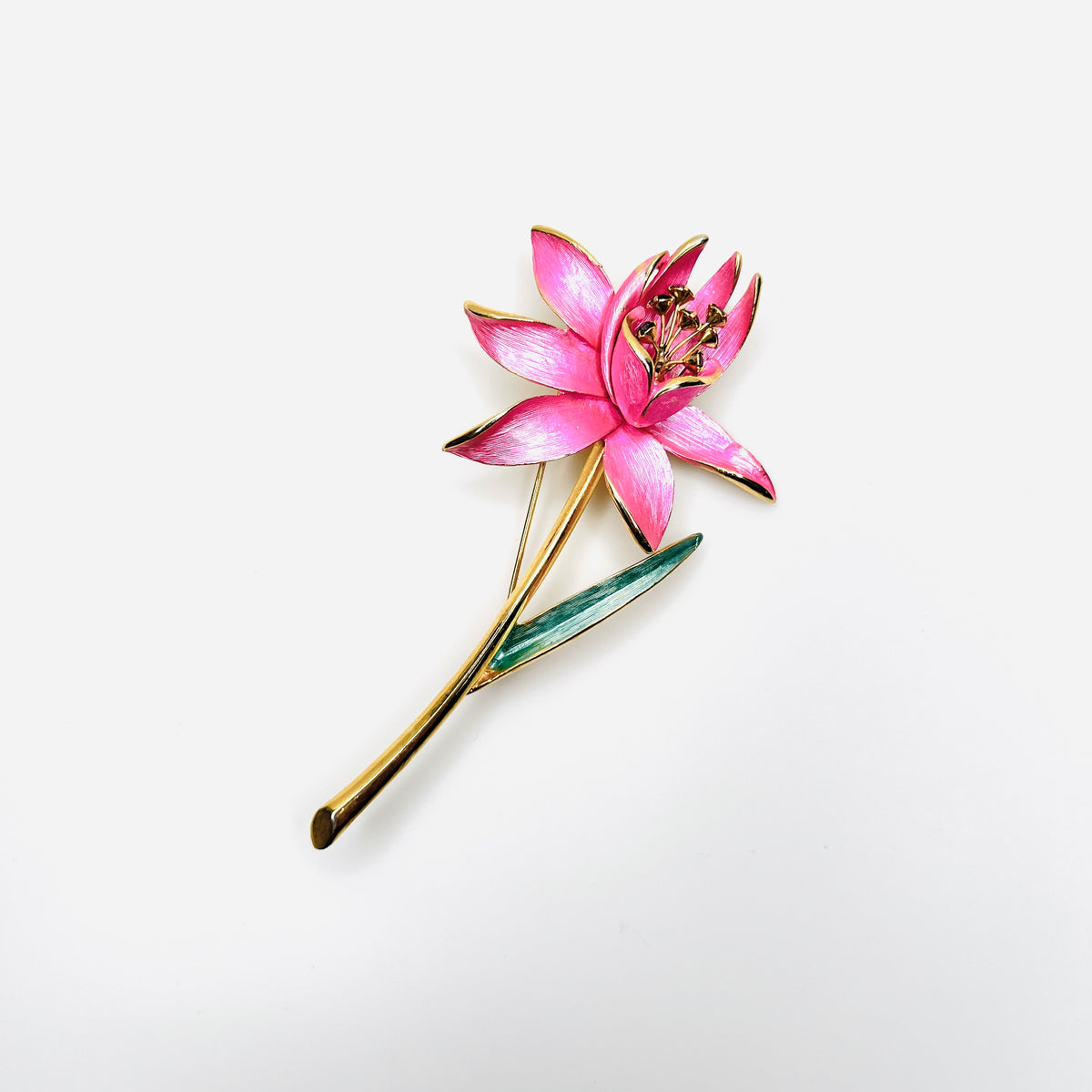 Vintage Park Lane pink enamel long stem flower brooch with green leaf and gold tone metal