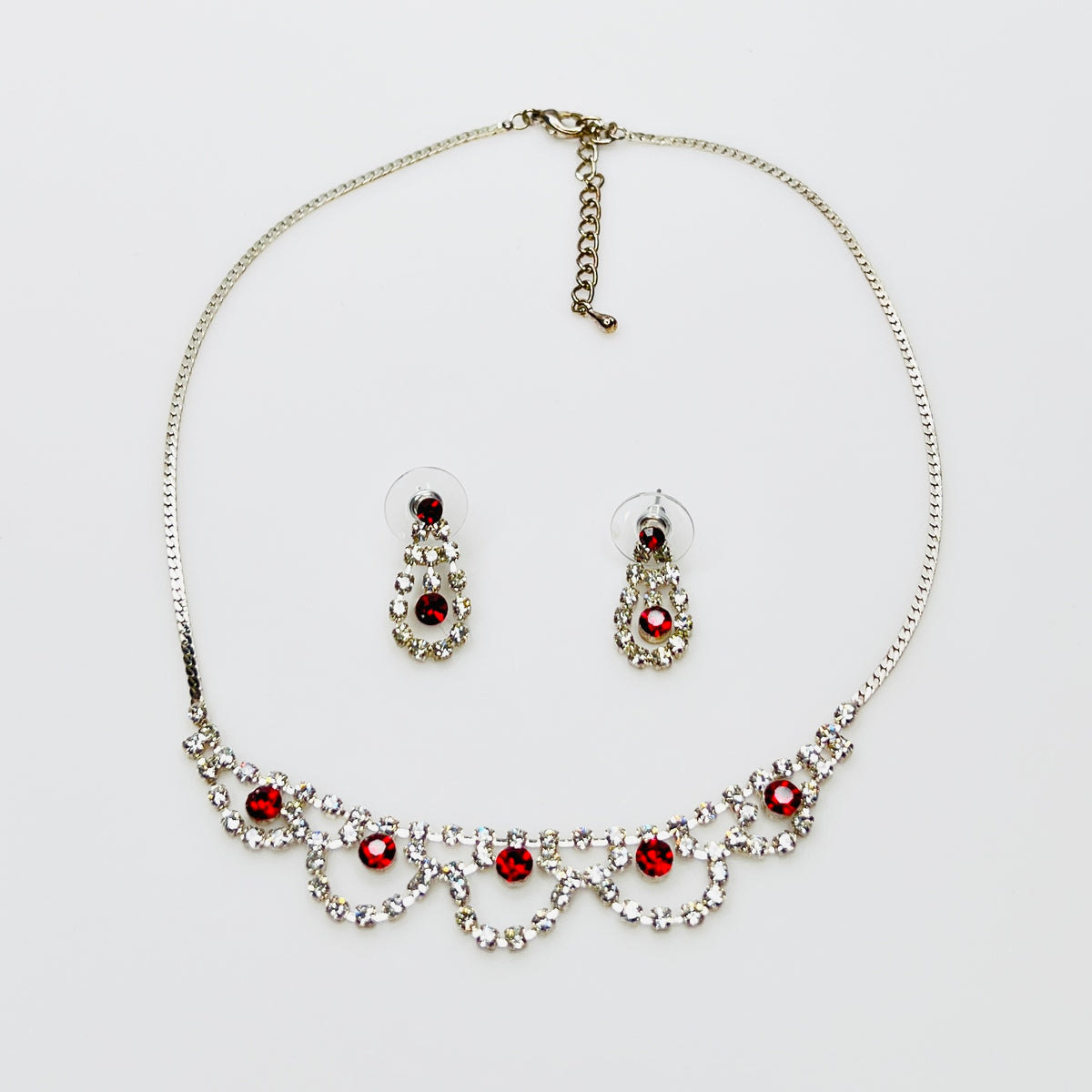 Vintage ruby red rhinestone necklace and earring set