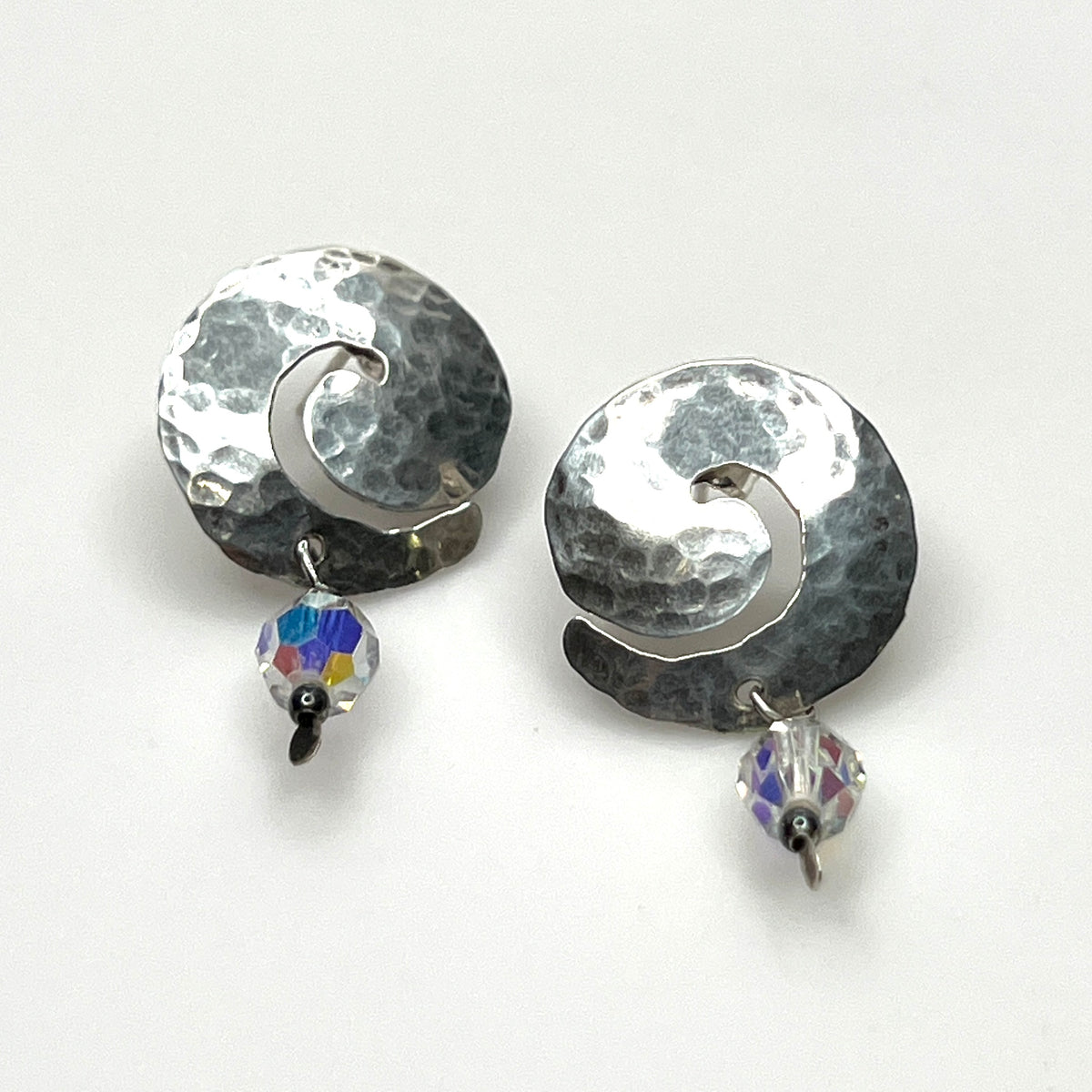 Vintage hammered sterling silver spiral earrings with aurora borealis crystal dangles