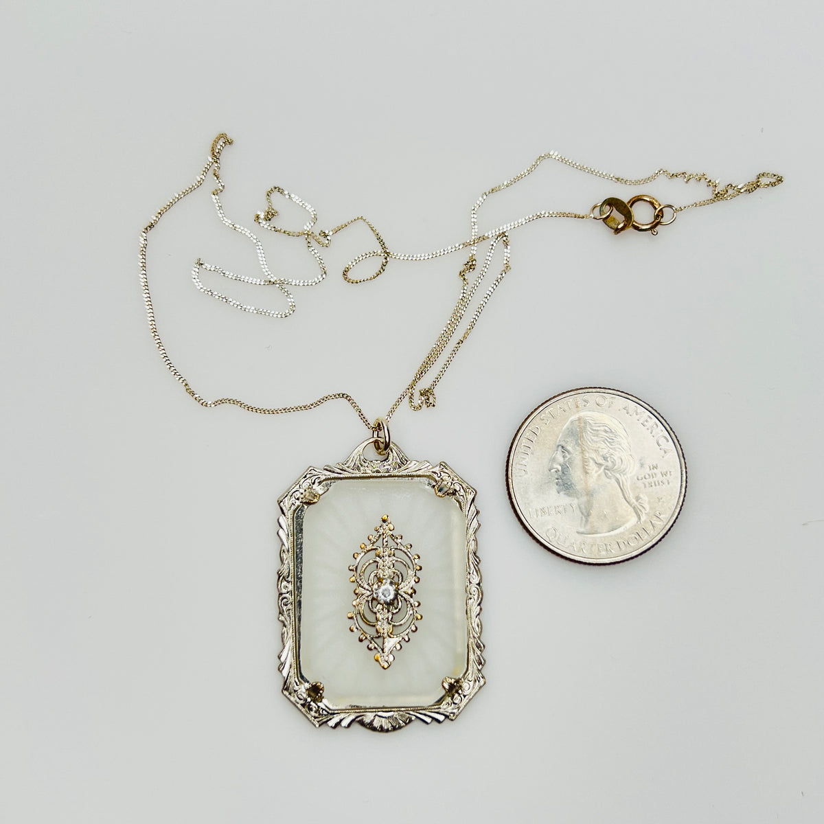 Pendant with quarter for size reference on silver chain