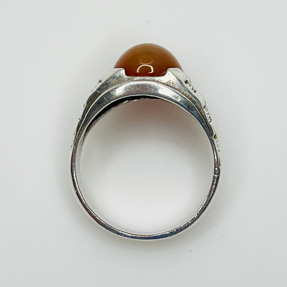 Profile view of vintage sterling silver Yemeni carnelian cabochon ring