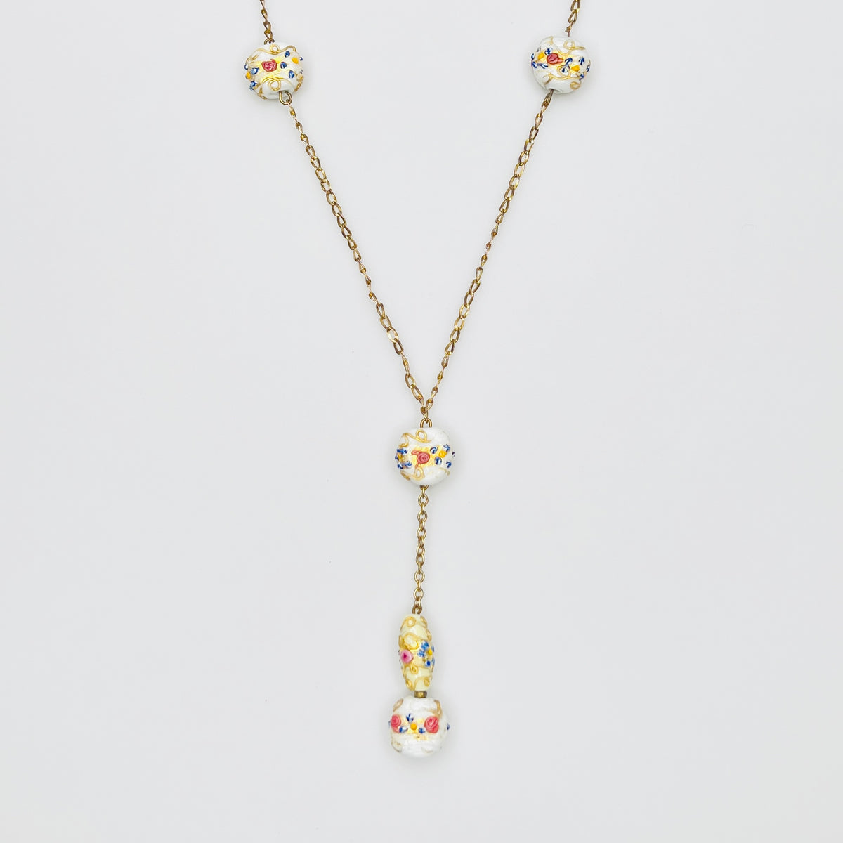 Vintage Venetian glass wedding cake bead Y necklace with floral beads and gold tone chain