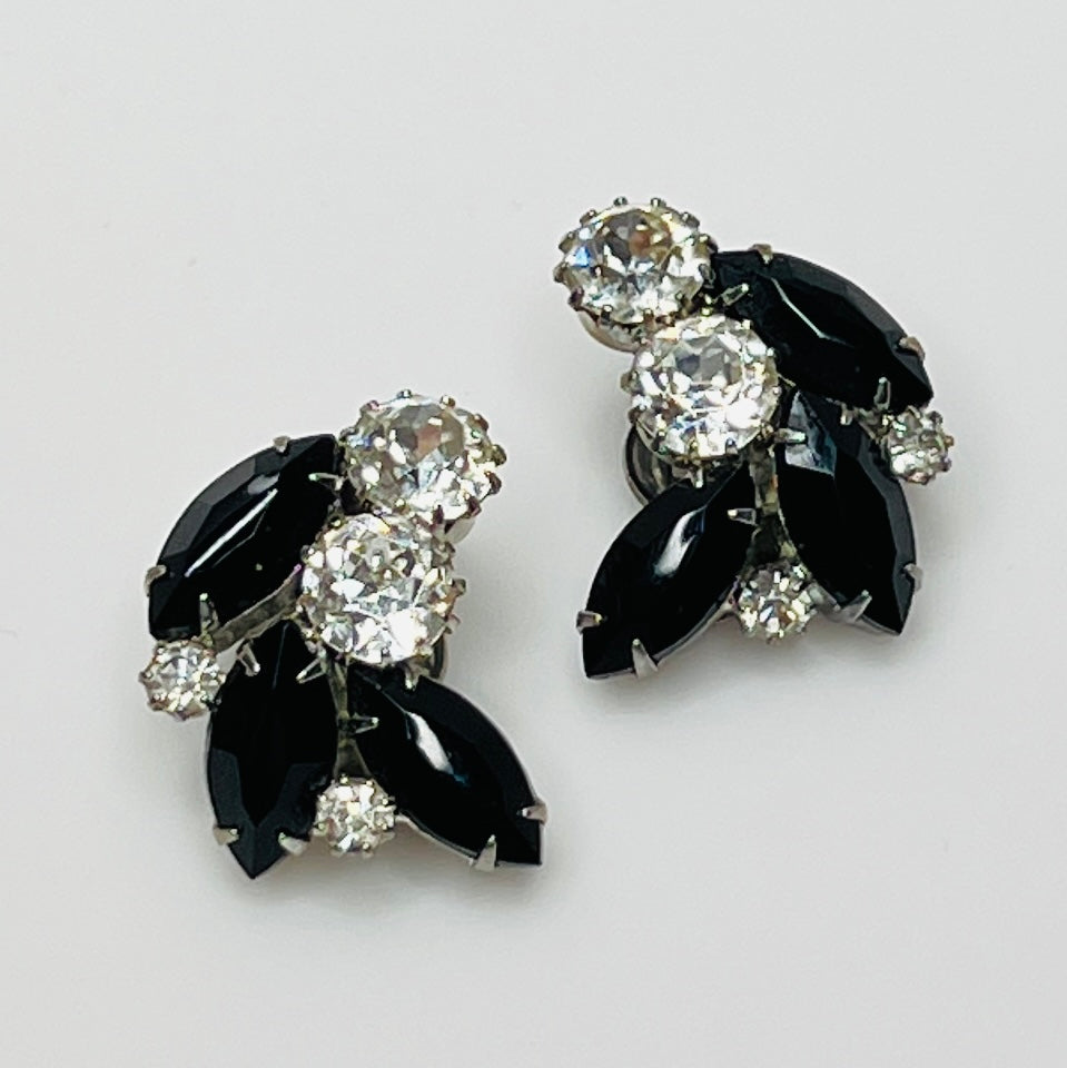 Weiss vintage clip-on earrings with black and clear rhinestones