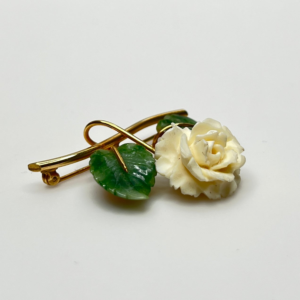 12K gold-filled rose pin with creamy flower and green leaf detail