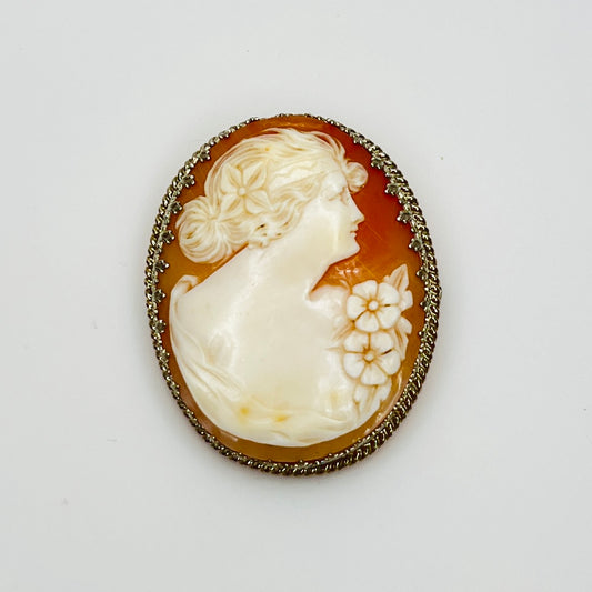 14K white gold shell cameo brooch with female portrait