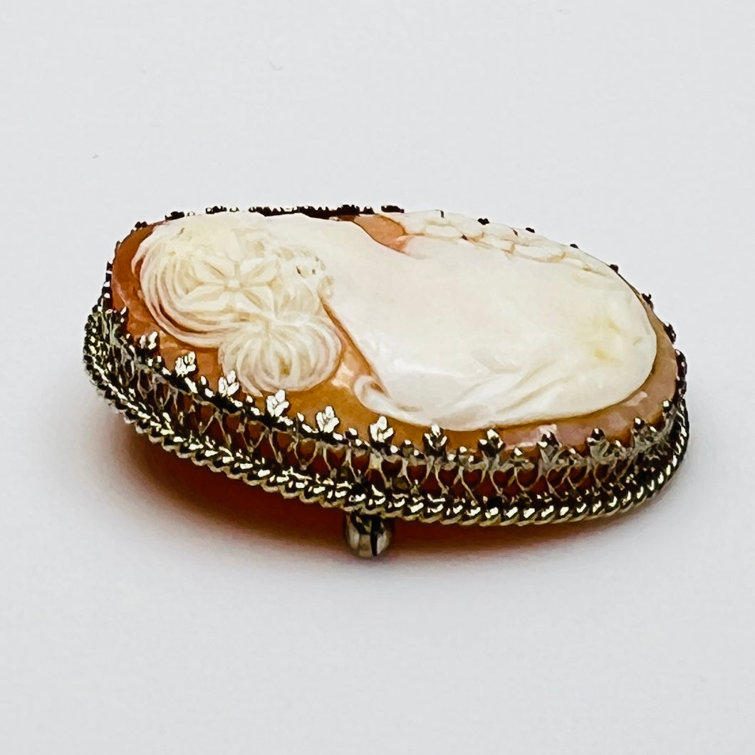 Vintage carved shell cameo brooch in white gold setting