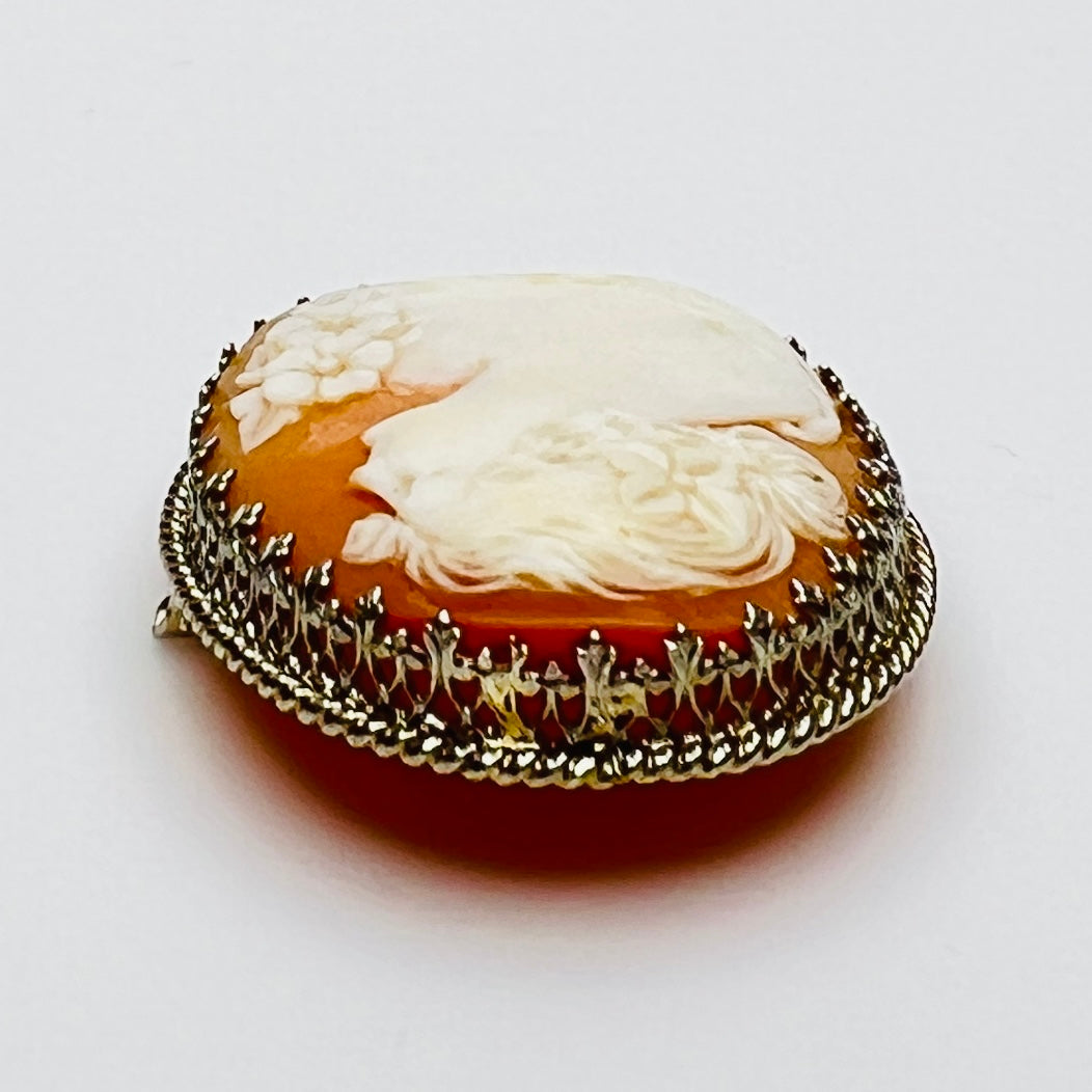 Vintage carved shell cameo brooch in white gold setting