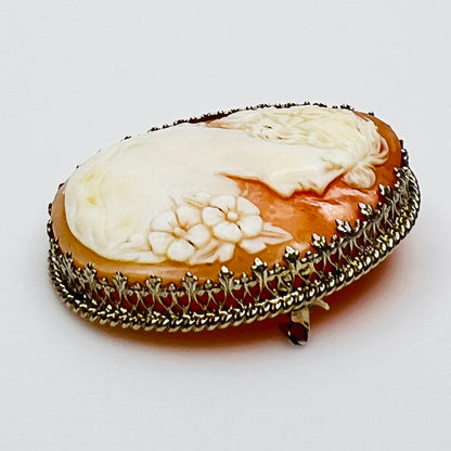 Vintage carved shell cameo brooch in white gold setting
