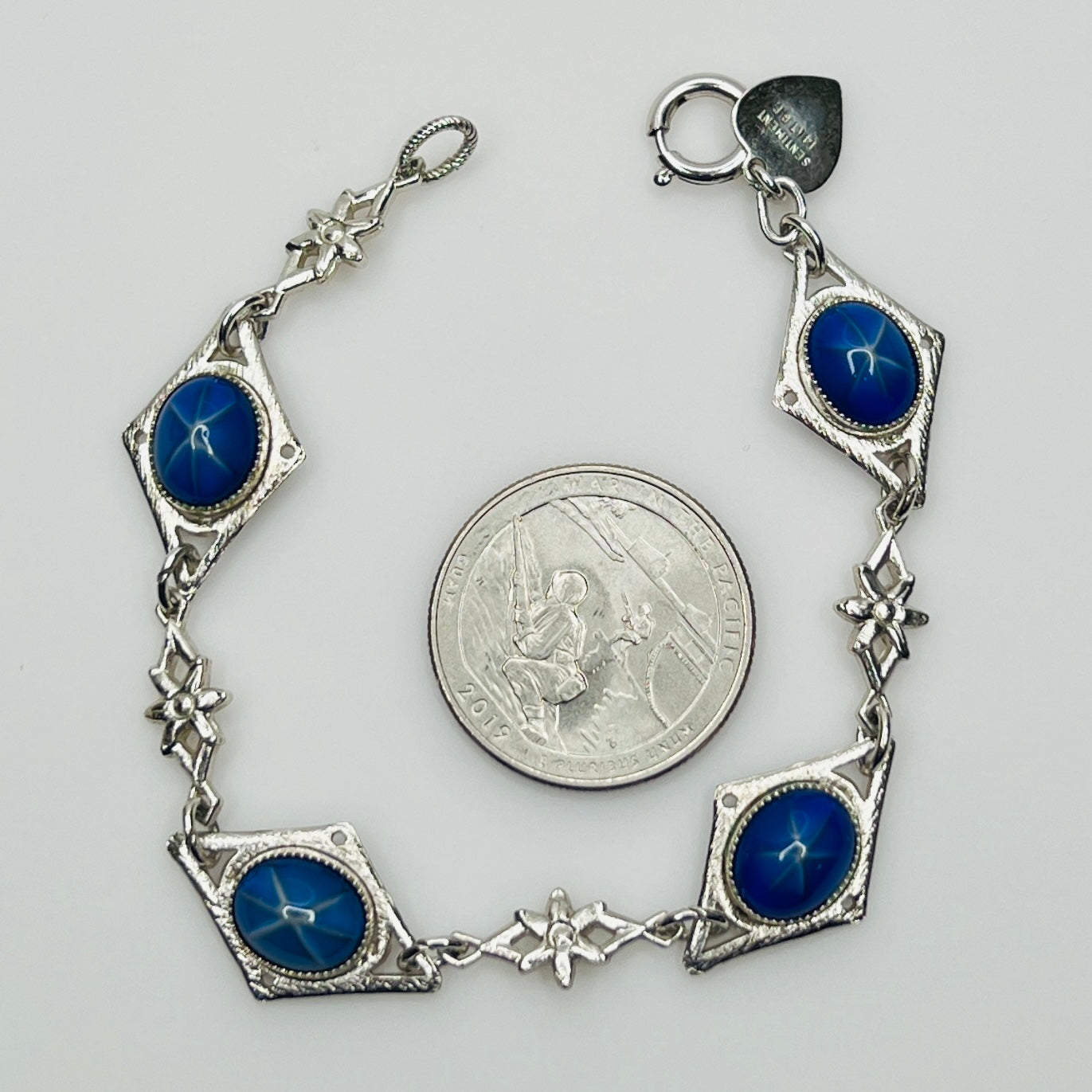 Overhead view of Sentiment bracelet showing blue cabochons and clasp