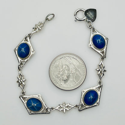 Overhead view of Sentiment bracelet showing blue cabochons and clasp