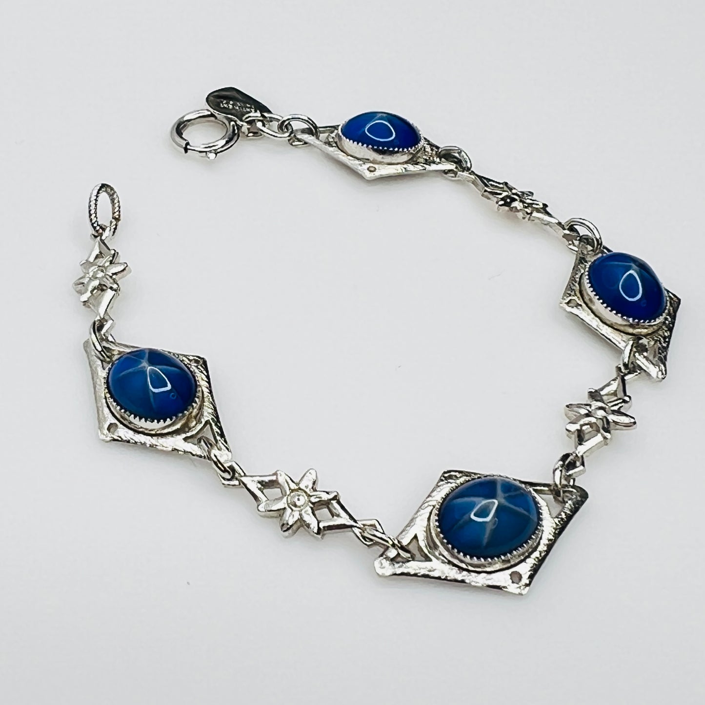 Overhead view of Sentiment bracelet showing blue cabochons and clasp
