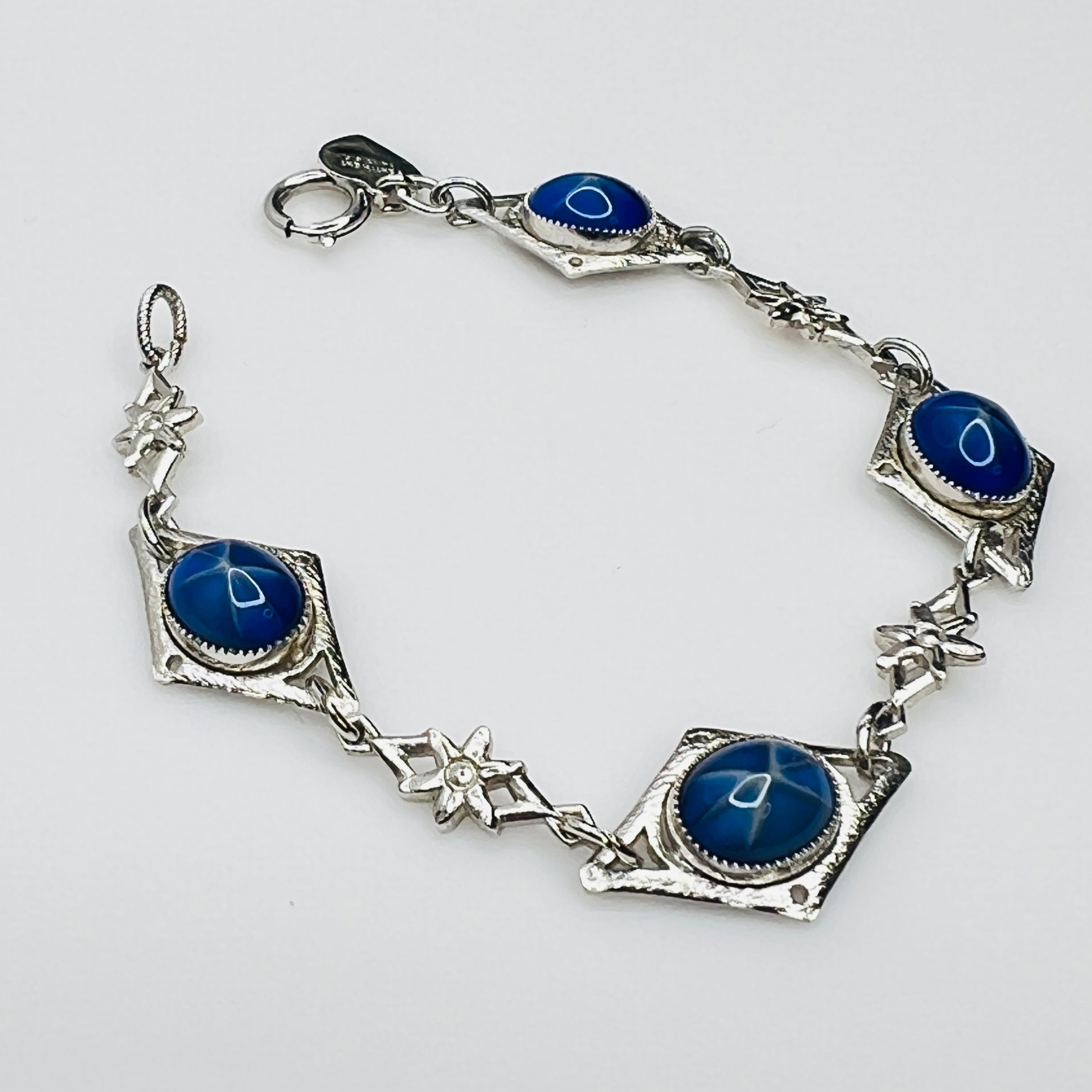 Overhead view of Sentiment bracelet showing blue cabochons and clasp