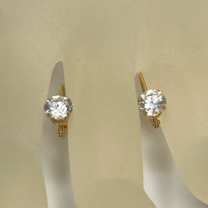 14K yellow gold leverback earrings with clear solitaire CZ stones