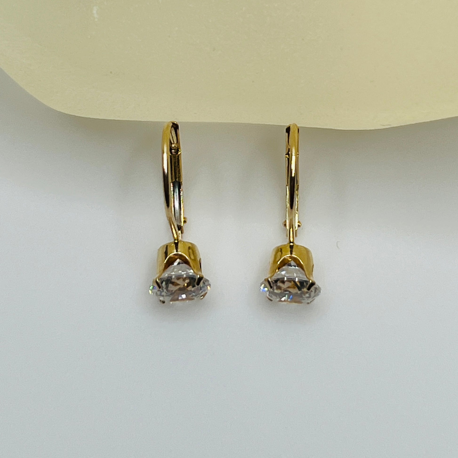 14K yellow gold leverback earrings with clear solitaire CZ stones