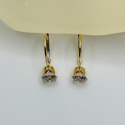 14K yellow gold leverback earrings with clear solitaire CZ stones