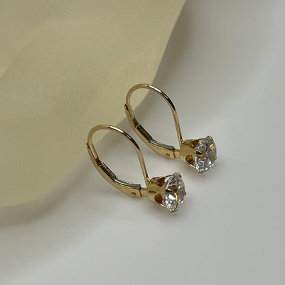 14K yellow gold leverback earrings with clear solitaire CZ stones