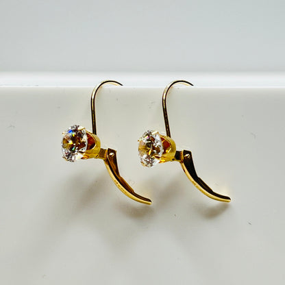 14K yellow gold leverback earrings with clear solitaire CZ stones
