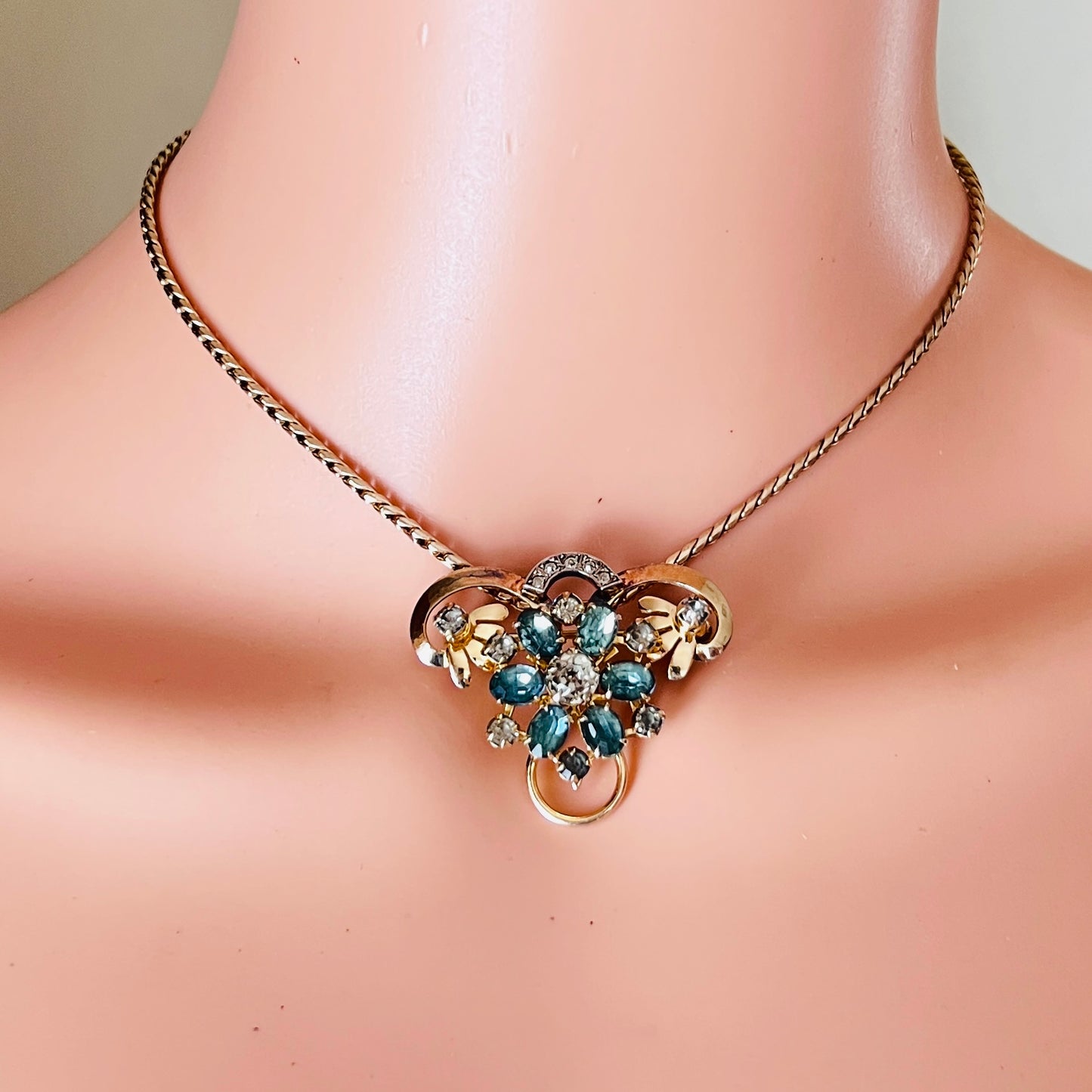 1930s Michelson 12K gold filled and sterling rhinestone floral necklace