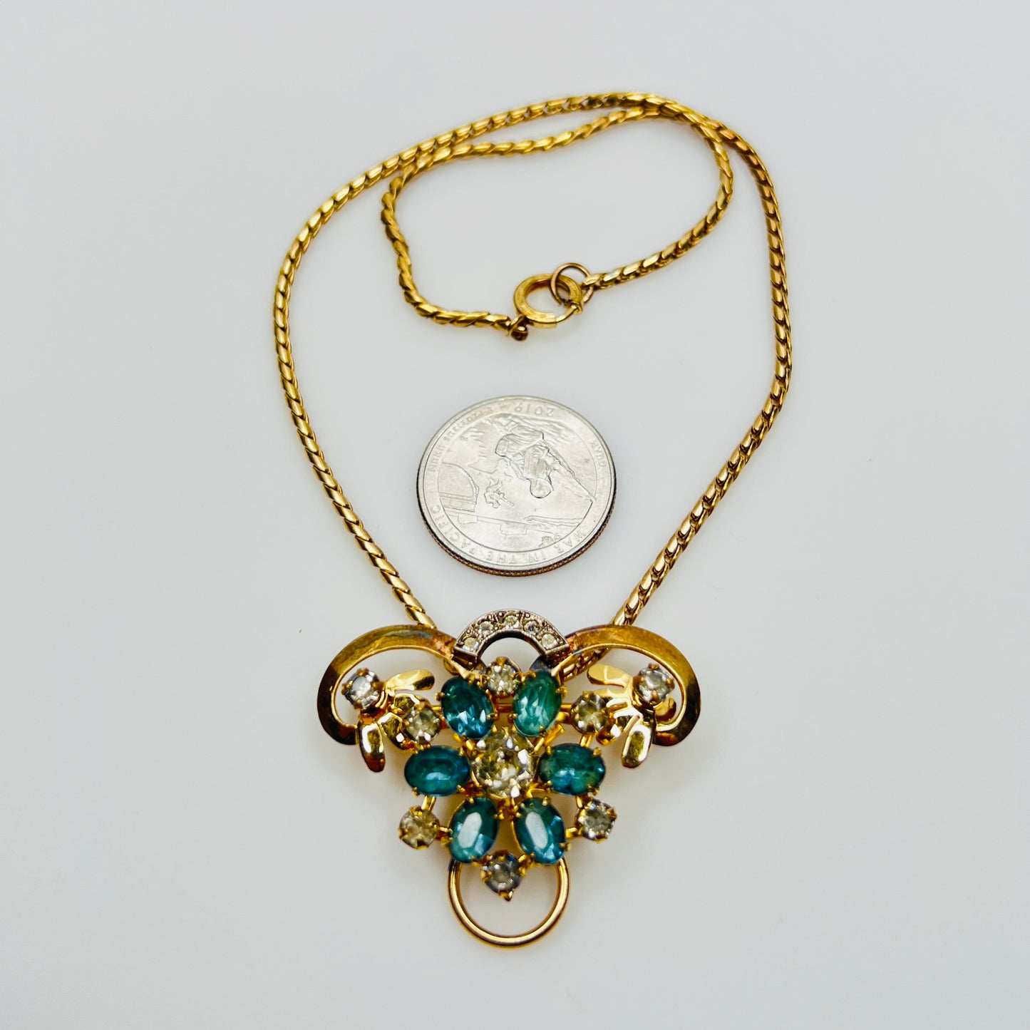 Vintage teal and clear rhinestone brooch pendant on gold filled chain