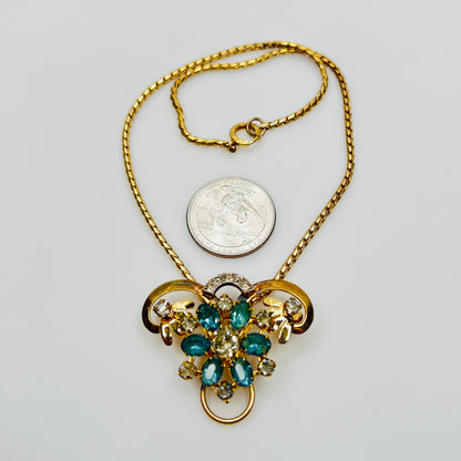 Vintage teal and clear rhinestone brooch pendant on gold filled chain