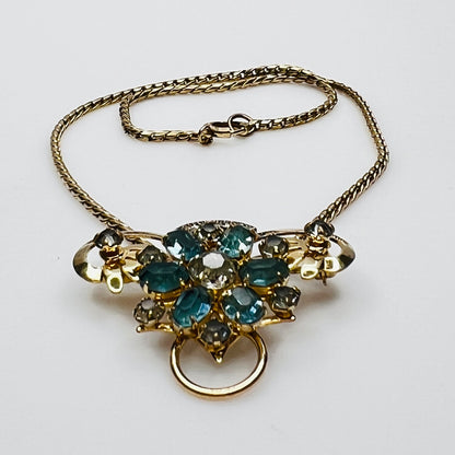 Vintage teal and clear rhinestone brooch pendant on gold filled chain