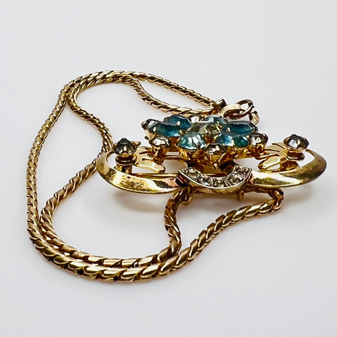Vintage teal and clear rhinestone brooch pendant on gold filled chain