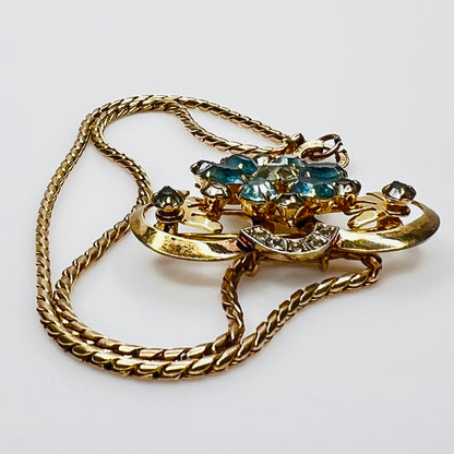 Vintage teal and clear rhinestone brooch pendant on gold filled chain